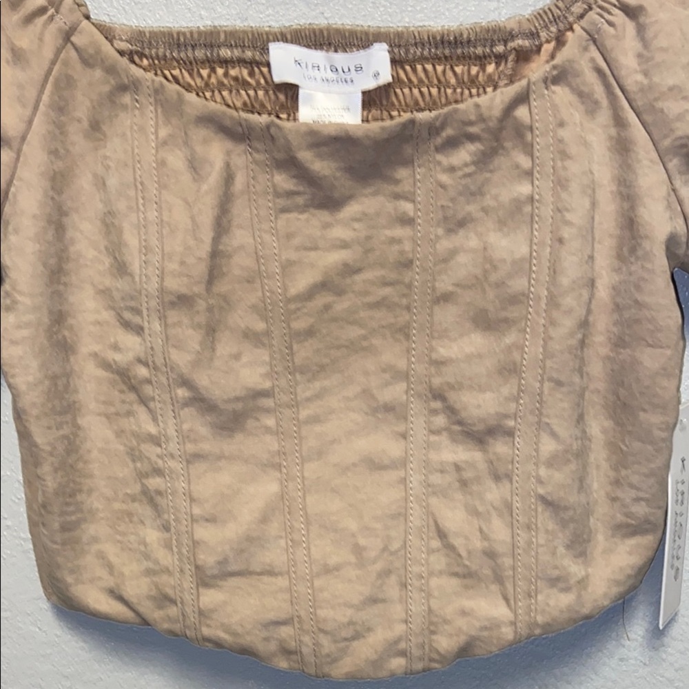 KIRIOUS LOS ANGELES Tan Smocked Puff Sleeve Peasant Cottagecore Crop Blouse 3474 - Picture 3 of 10